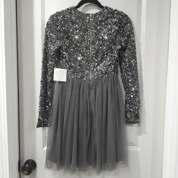 MAYA Embellished Beaded Long Sleeve Surplice Bridesmaid Mini Dress, Tulle Skirt - Picture 10 of 16